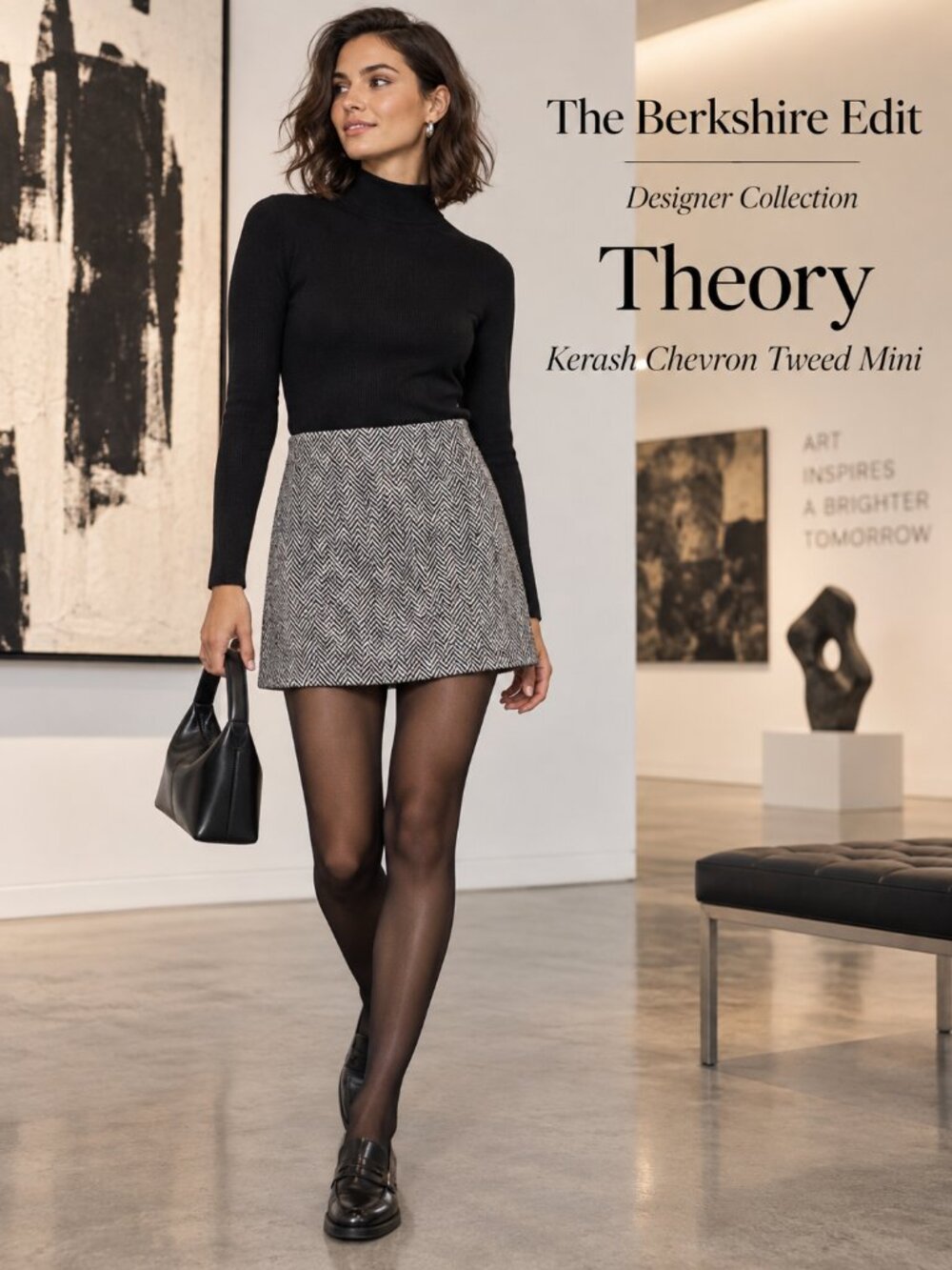 Theory Kerash Chevron Tweed Mini Skirt 6 Black White Wool Linen A-Line